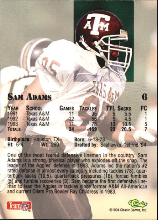 1994 Classic Gold #6 Sam Adams back image