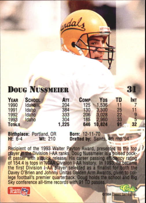 1994 Classic Draft Football "Gold" Parallel Cards - Picture 53 of 177