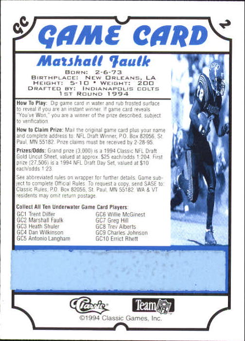 1994 Classic Game Cards #GC2 Marshall Faulk back image