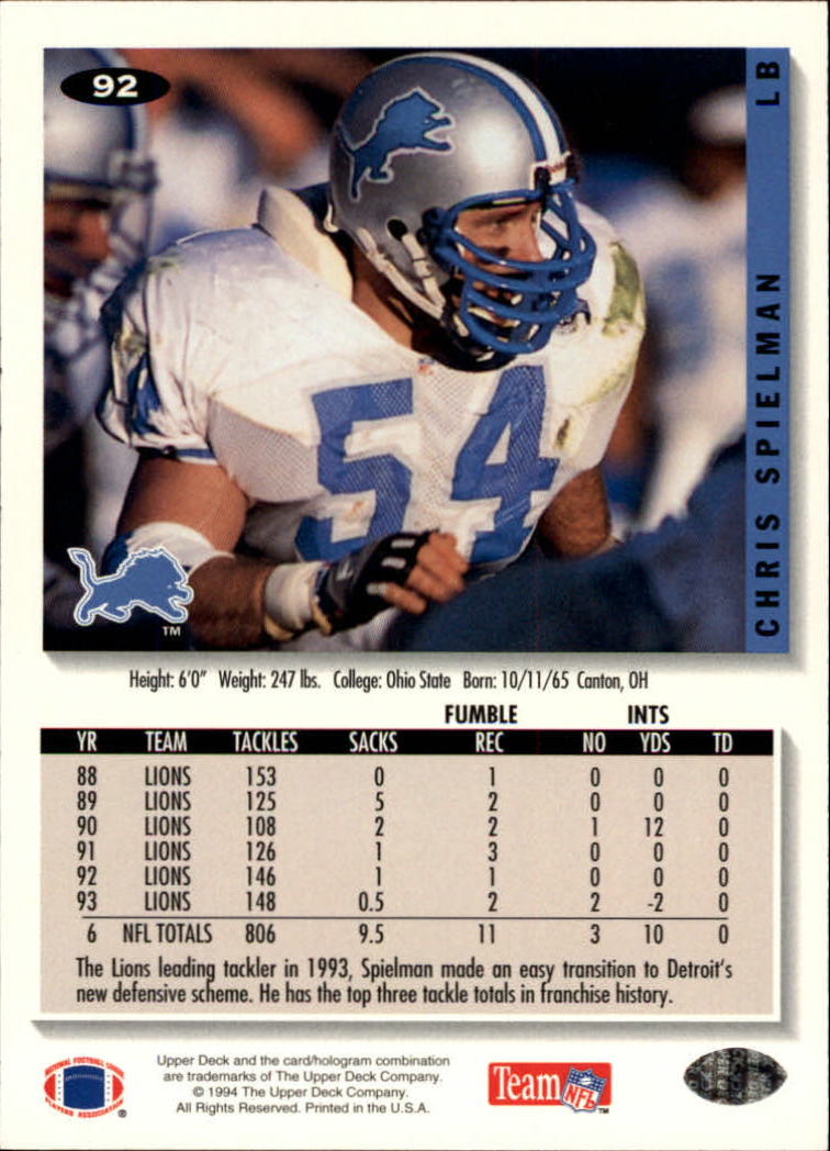 1994 Collector's Choice #92 Chris Spielman back image