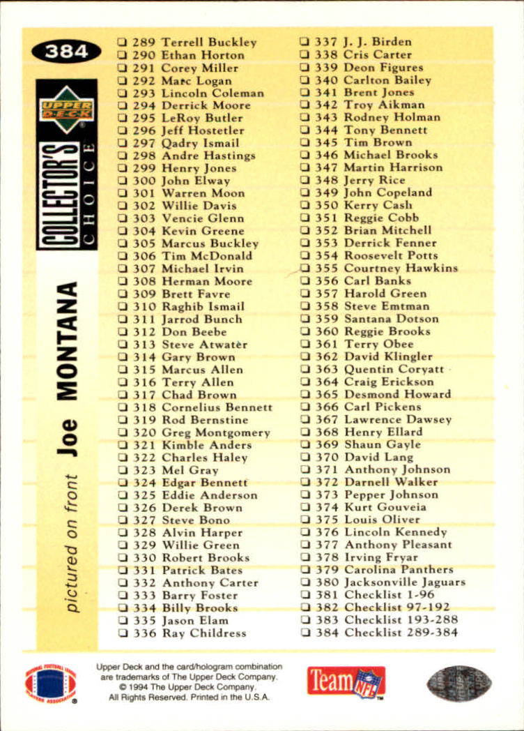 1994 Collector's Choice #384 Joe Montana ART CL back image