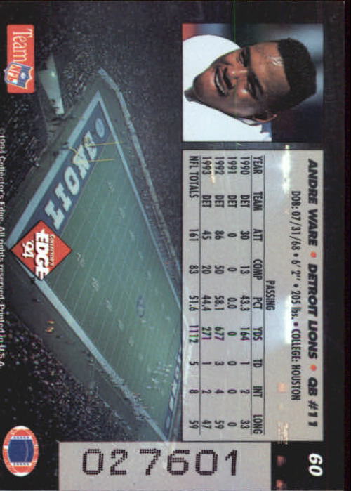 1994 Collector's Edge Silver #60 Andre Ware back image
