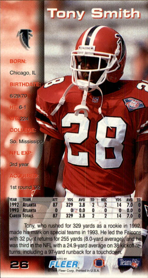 1994 GameDay #26 Tony Smith RB back image