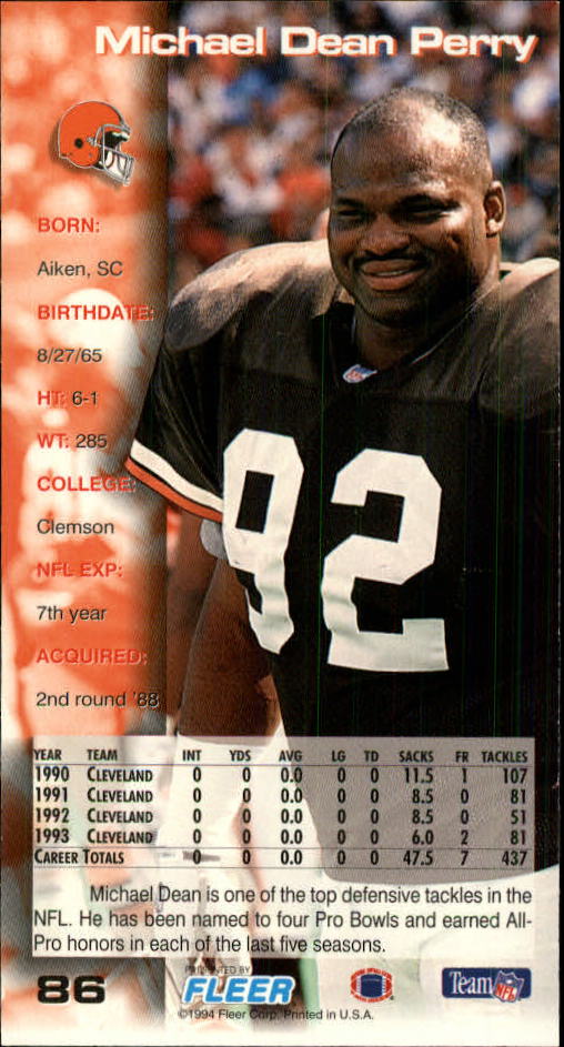 1994 GameDay 86 Michael Dean Perry TALL CARDS (4&3/4 by 2&1/2 inch