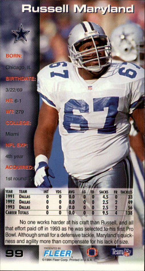 1994 GameDay #99 Russell Maryland back image