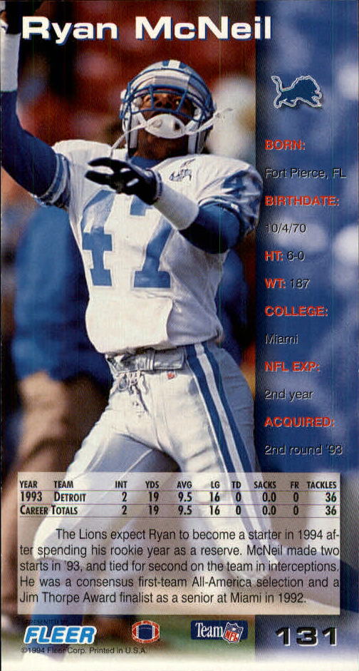 1994 GameDay #131 Ryan McNeil back image