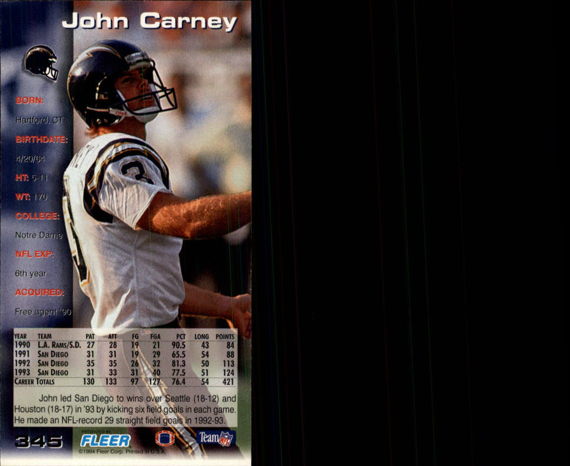 1994 GameDay #345 John Carney back image