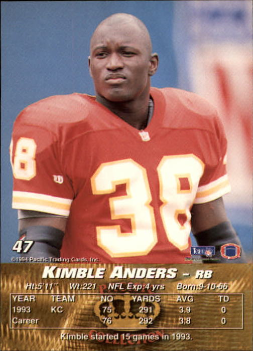 1994 Pacific #47 Kimble Anders back image