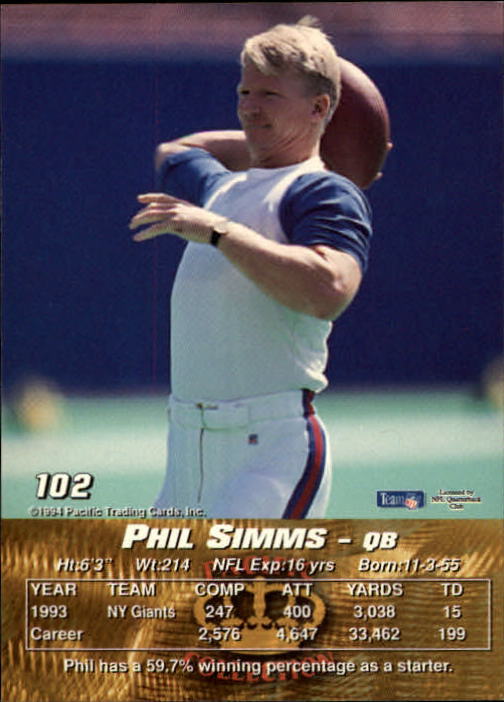 1994 Pacific #102 Phil Simms back image