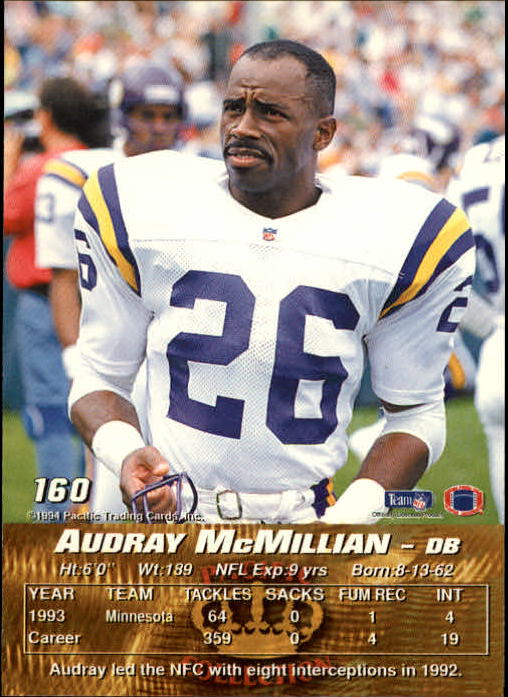 1994 Pacific #160 Audray McMillian back image