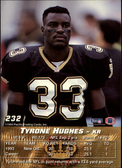 1994 Pacific #232 Tyrone Hughes back image