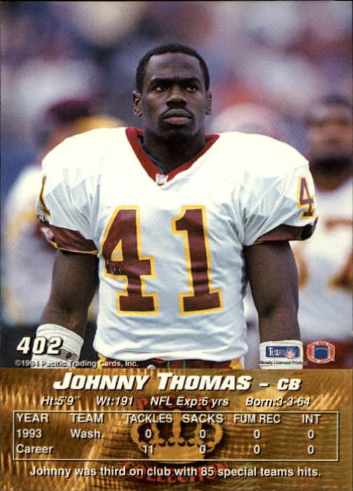 1994 Pacific #402 Johnny Thomas CB back image