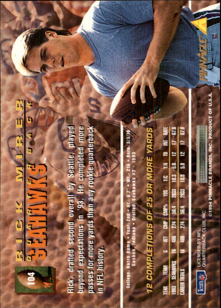 1994 Pinnacle #104 Rick Mirer back image