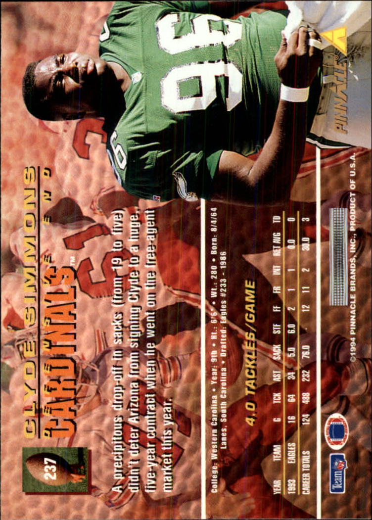 1994 Pinnacle #237 Clyde Simmons back image