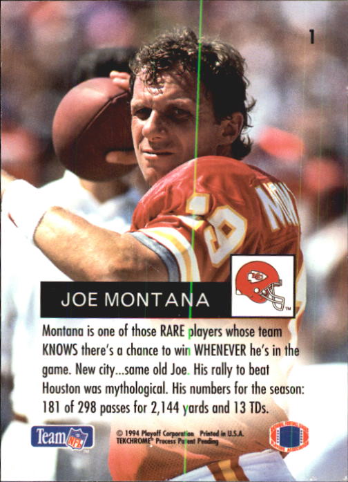 1994 Playoff #1 Joe Montana back image