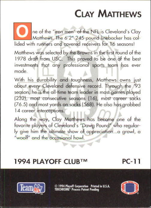 1994 Playoff Club #PC11 Clay Matthews back image