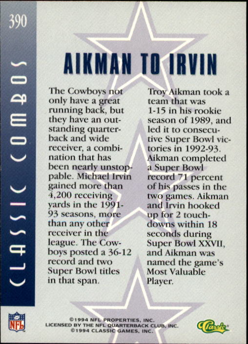 1994 Pro Line Live #390 Troy Aikman/Irvin CC back image