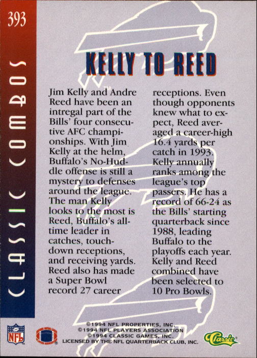 1994 Pro Line Live #393 Jim Kelly/A.Reed CC back image