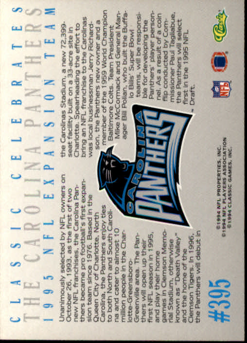 1994 Pro Line Live #395 Carolina Panthers back image