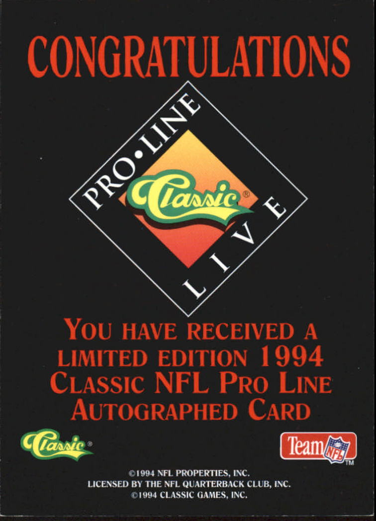 1994 Pro Line Live Autographs #74 David Klingler/2140 back image
