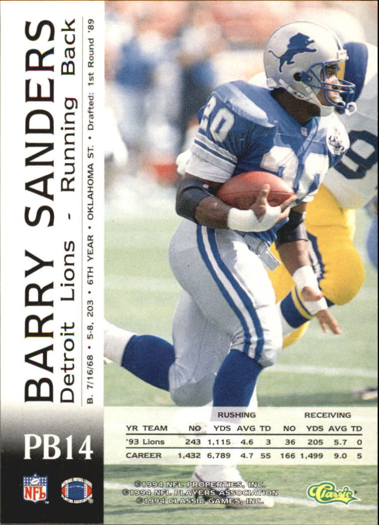1994 Pro Line Live Spotlight #PB14 Barry Sanders back image