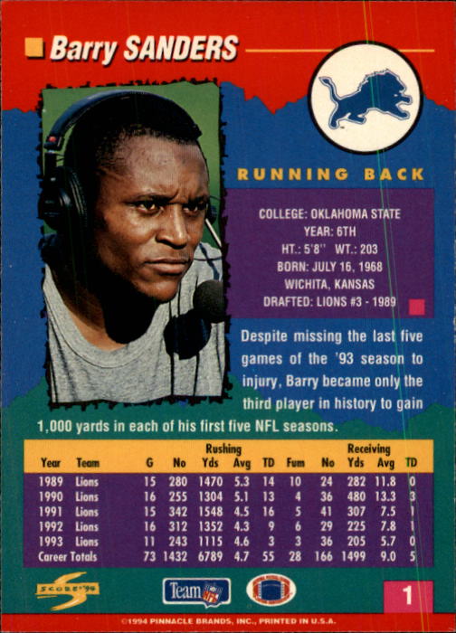 1994 Score #1 Barry Sanders back image