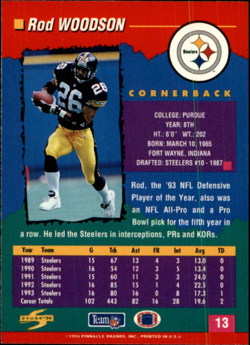 1994 Score #13 Rod Woodson back image