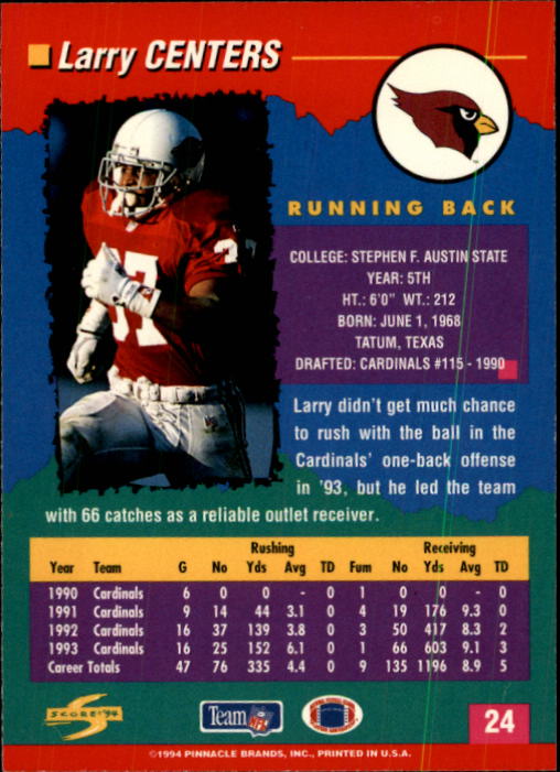 1994 Score #24 Larry Centers back image