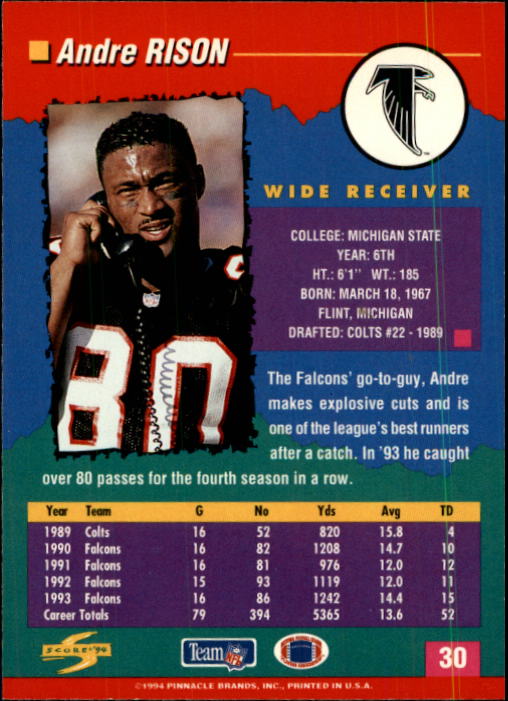1994 Score #30 Andre Rison back image