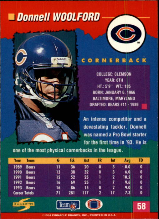 1994 Score #58 Donnell Woolford back image