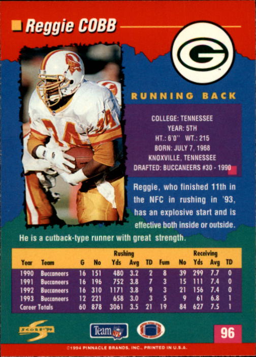 1994 Score #96 Reggie Cobb back image