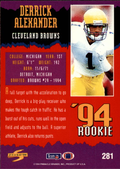 1994 Score #281 Derrick Alexander WR RC back image