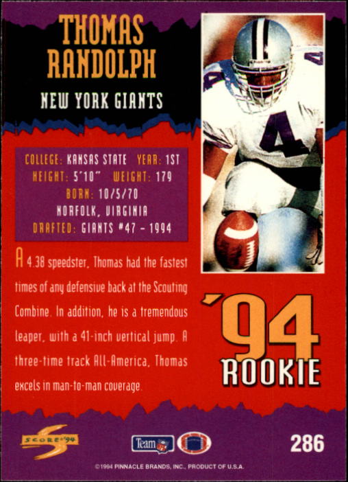 1994 Score #286 Thomas Randolph RC back image