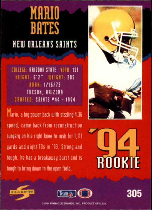 1994 Score #305 Mario Bates RC back image