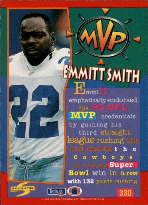 1994 Score #330 Emmitt Smith MVP back image