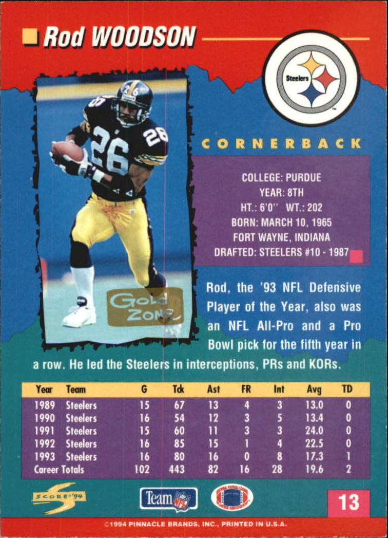 1994 Score Gold Zone #13 Rod Woodson back image