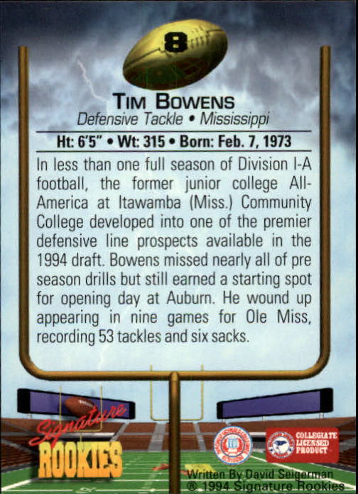 1994 Signature Rookies #8 Tim Bowens back image