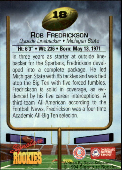 1994 Signature Rookies #18 Rob Fredrickson back image