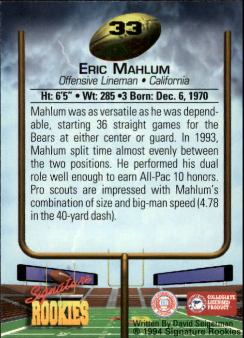 1994 Signature Rookies #33 Eric Mahlum back image