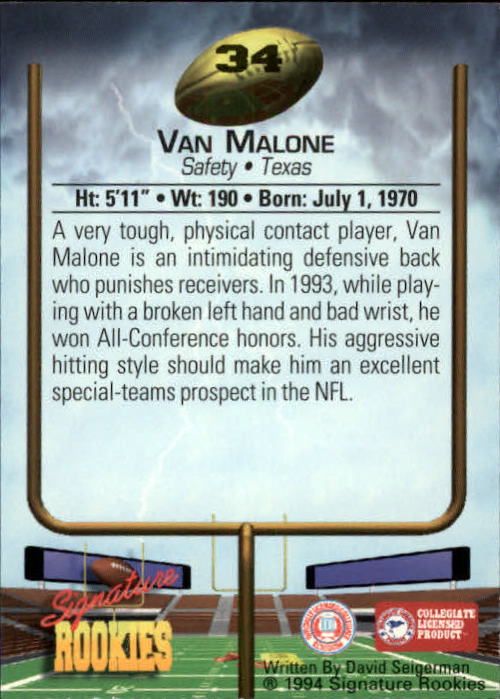 1994 Signature Rookies #34 Van Malone back image