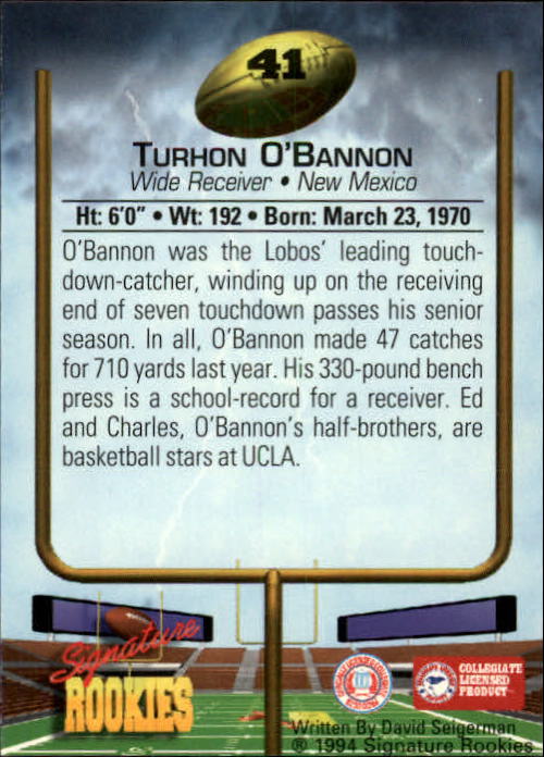 1994 Signature Rookies #41 Turhon O'Bannon back image
