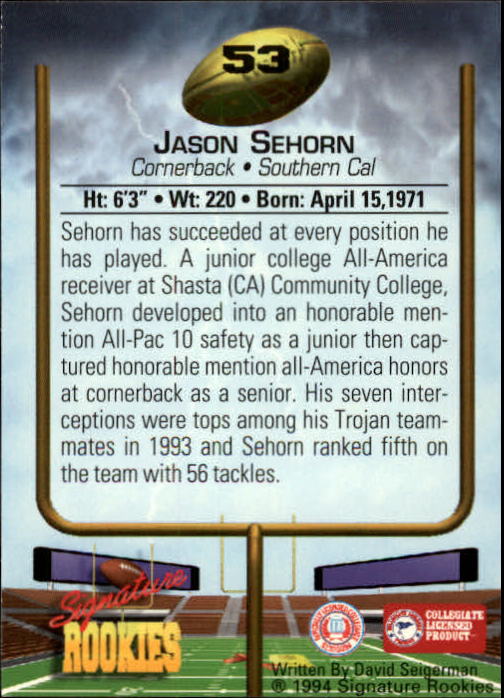 1994 Signature Rookies #53 Jason Sehorn back image