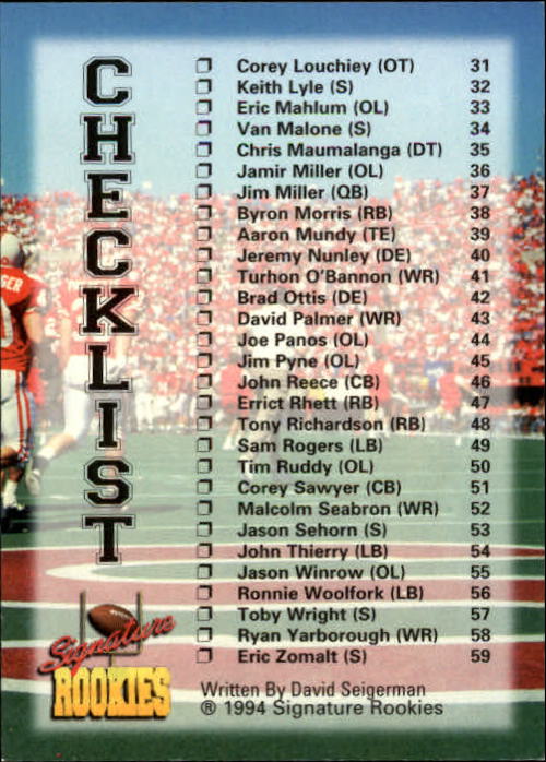 1994 Signature Rookies #60 Checklist back image
