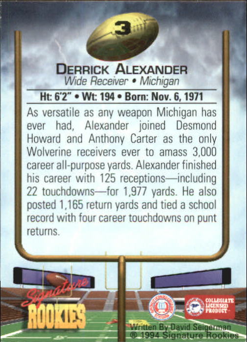 1994 Signature Rookies Autographs #3 Derrick Alexander WR back image