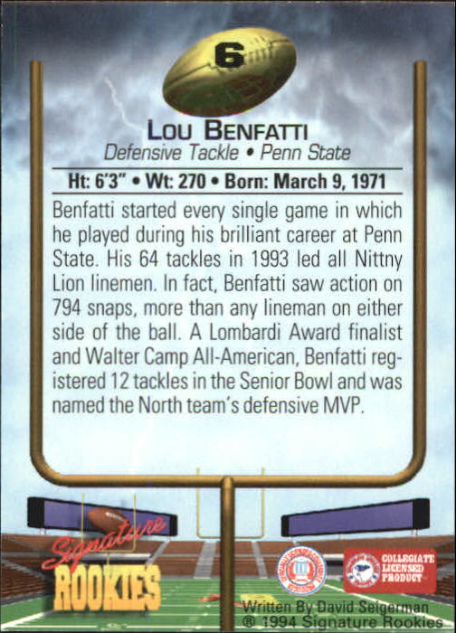 1994 Signature Rookies Autographs #6 Lou Benfatti back image