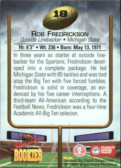 1994 Signature Rookies Autographs #18 Rob Fredrickson back image