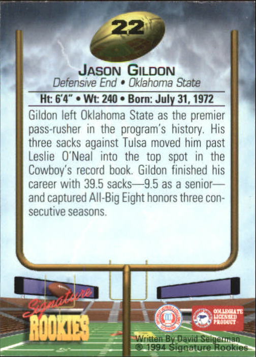 1994 Signature Rookies Autographs #22 Jason Gildon back image