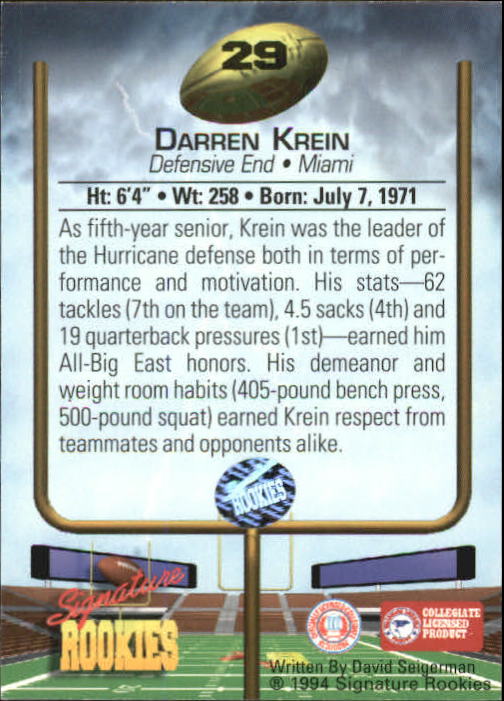 1994 Signature Rookies Autographs #29 Darren Krein back image