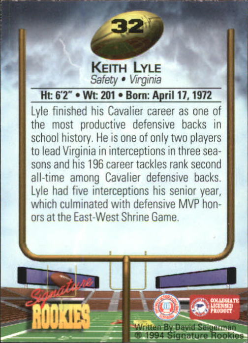 1994 Signature Rookies Autographs #32 Keith Lyle back image