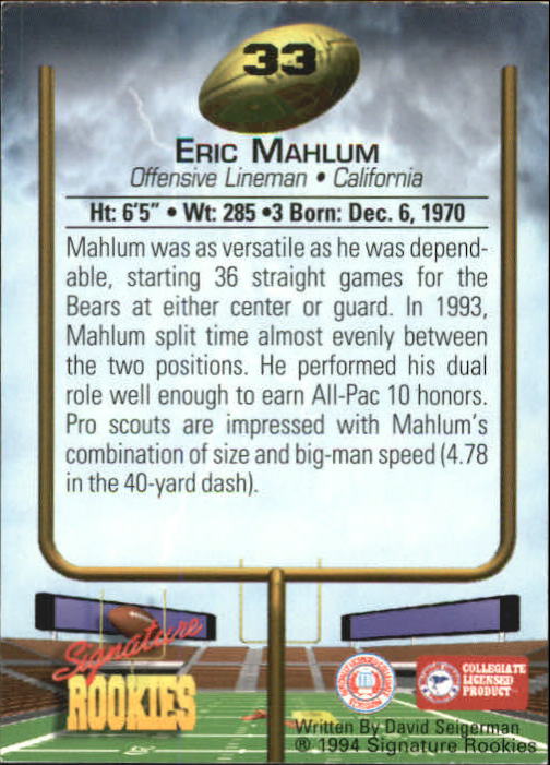 1994 Signature Rookies Autographs #33 Eric Mahlum back image